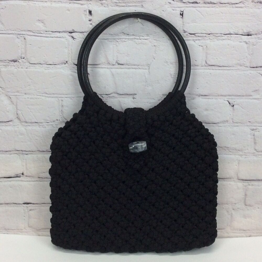 Vintage Macrame Handmade Pocketbook Black Boho Hippie Hoop Shoulder Bag Lined